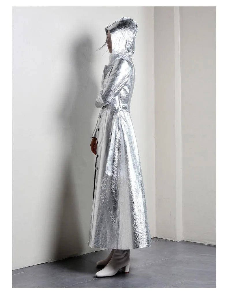 Silver Reflective PU Leather Trench Coat with Hood, Extra Long