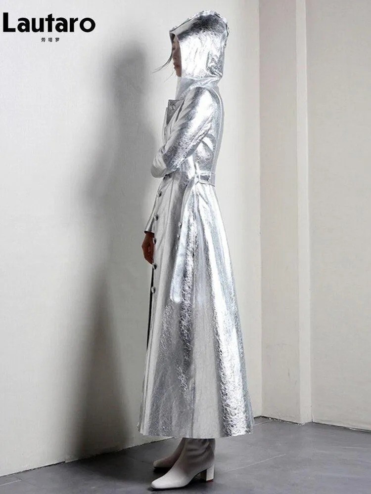 Silver Reflective PU Leather Trench Coat with Hood, Extra Long
