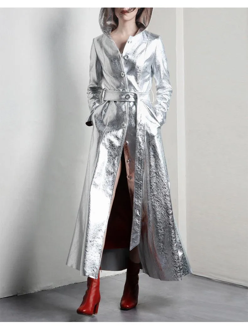 Silver Reflective PU Leather Trench Coat with Hood, Extra Long