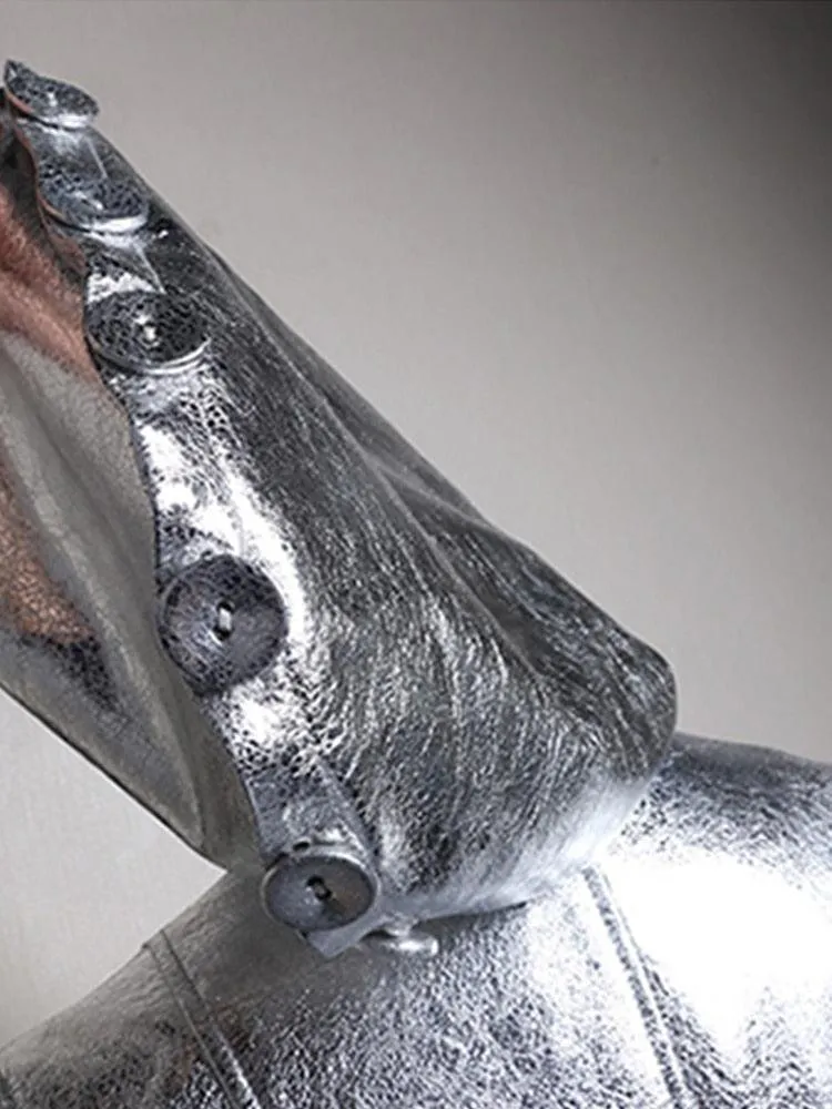 Silver Reflective PU Leather Trench Coat with Hood, Extra Long