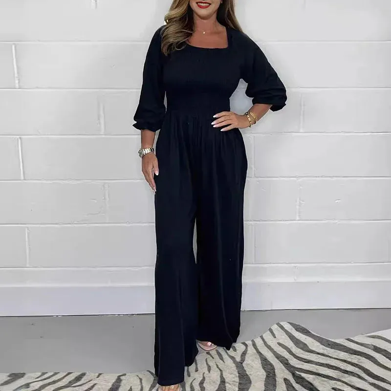 Smocked Wide-Leg Jumpsuit | Square Neckline | Elegant and Comfortable
