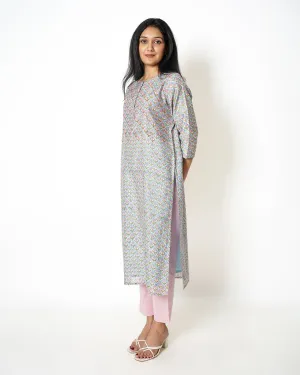 Spring Blue Floral Print Chanderi Kurta Set