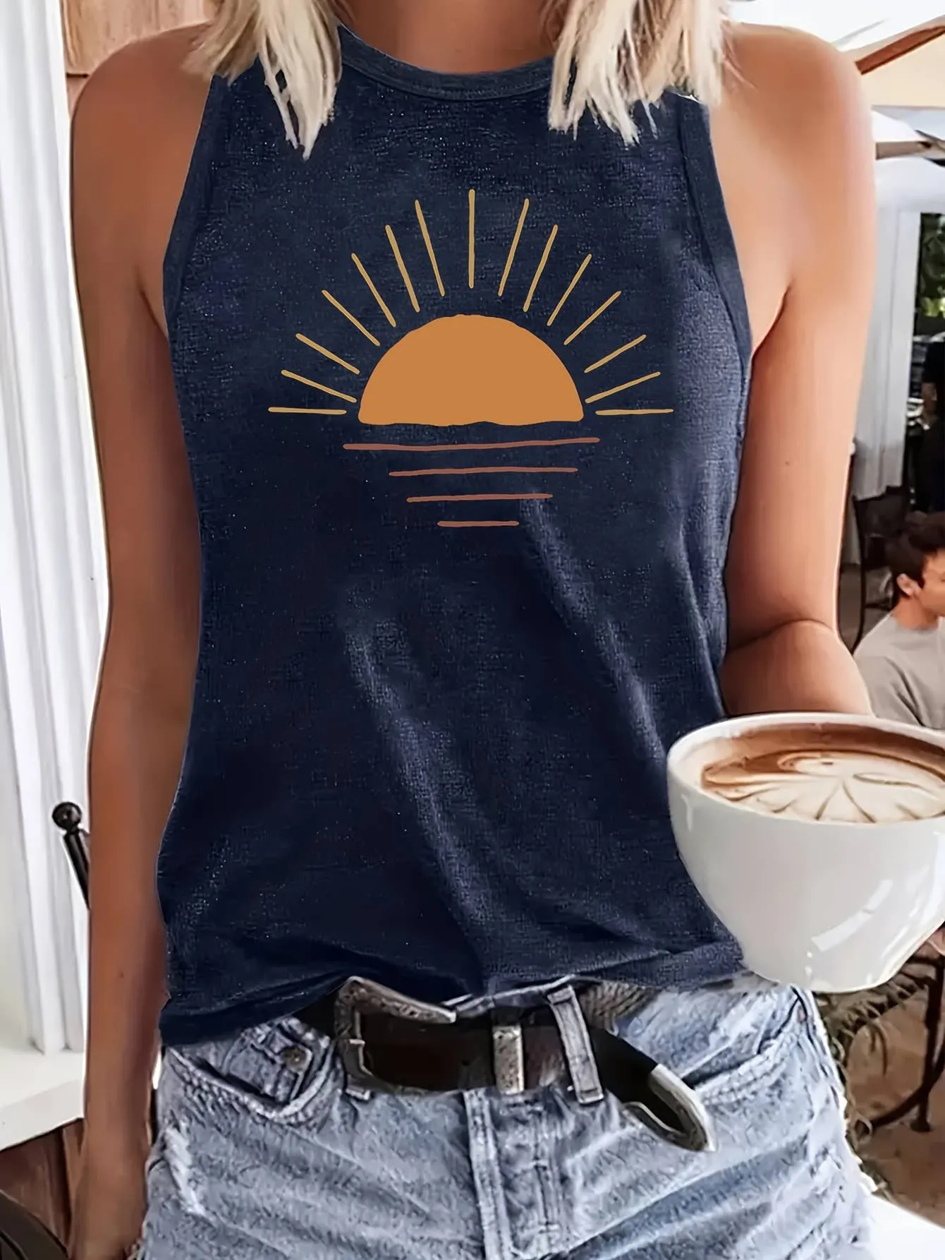 Stylish Sunset Print Crewneck Vest