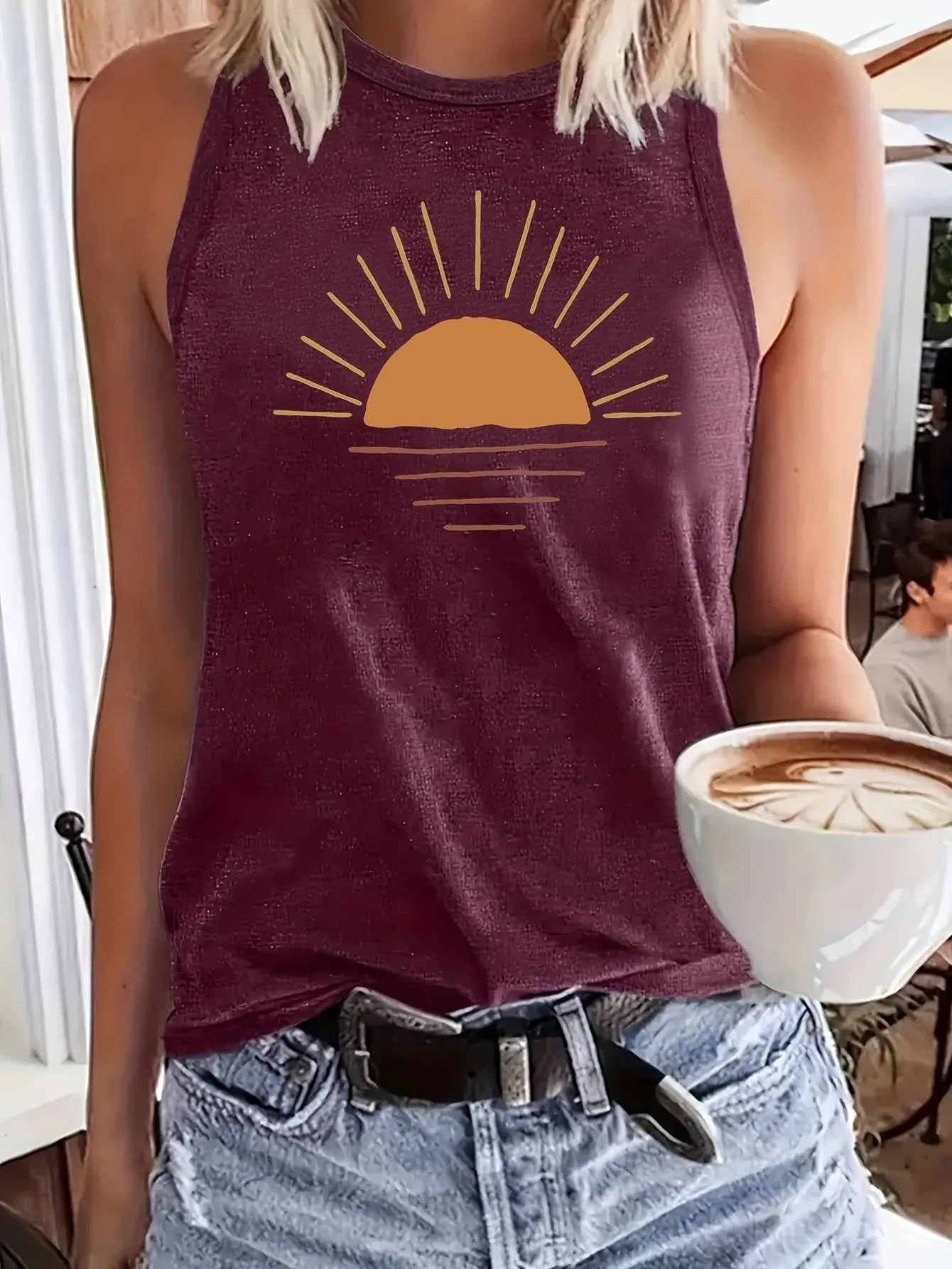 Stylish Sunset Print Crewneck Vest