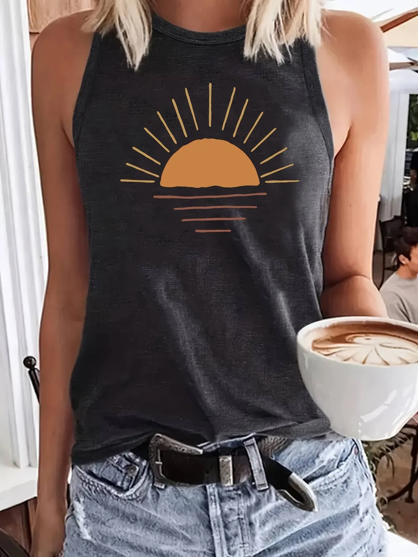 Stylish Sunset Print Crewneck Vest