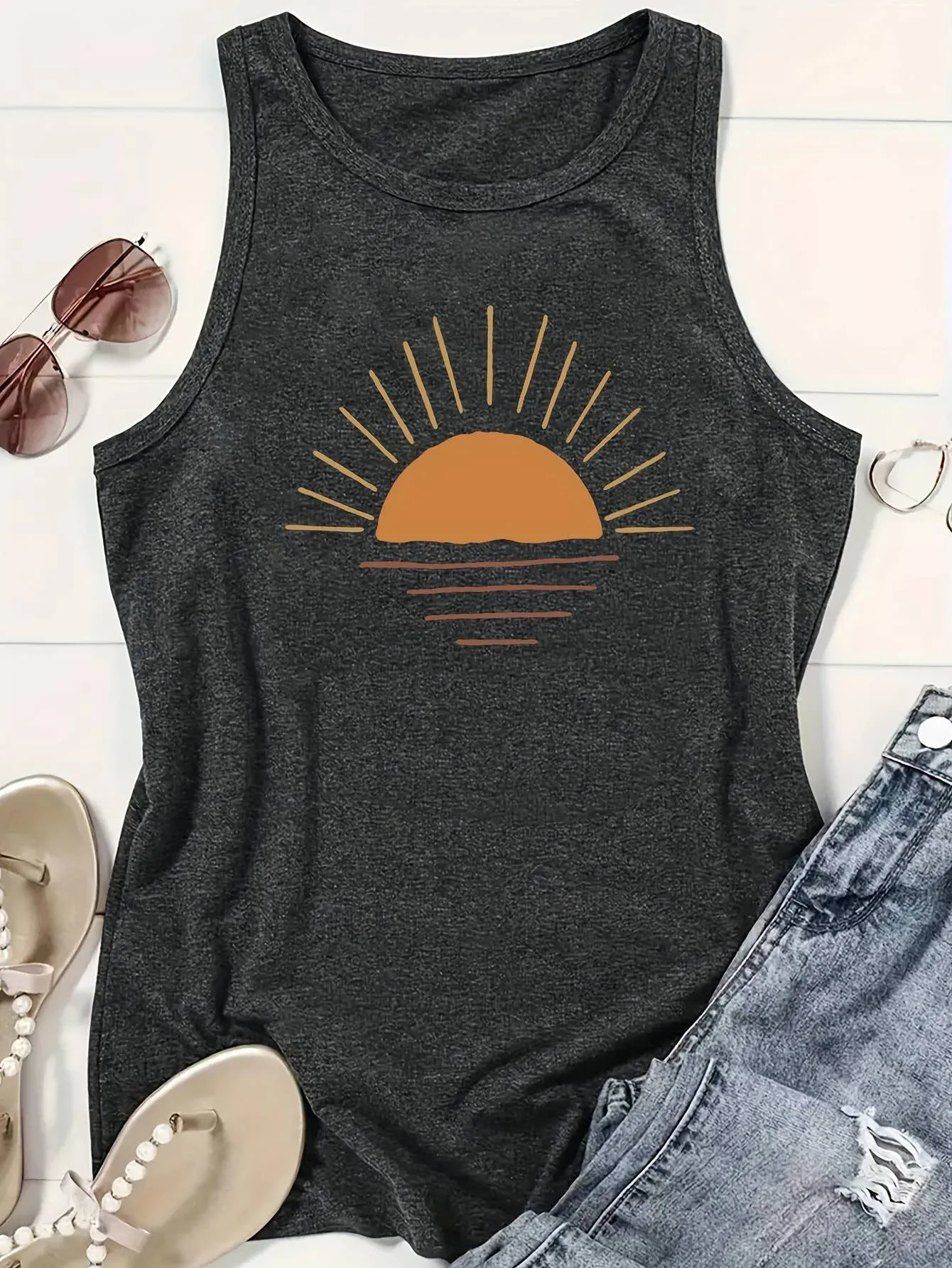 Stylish Sunset Print Crewneck Vest
