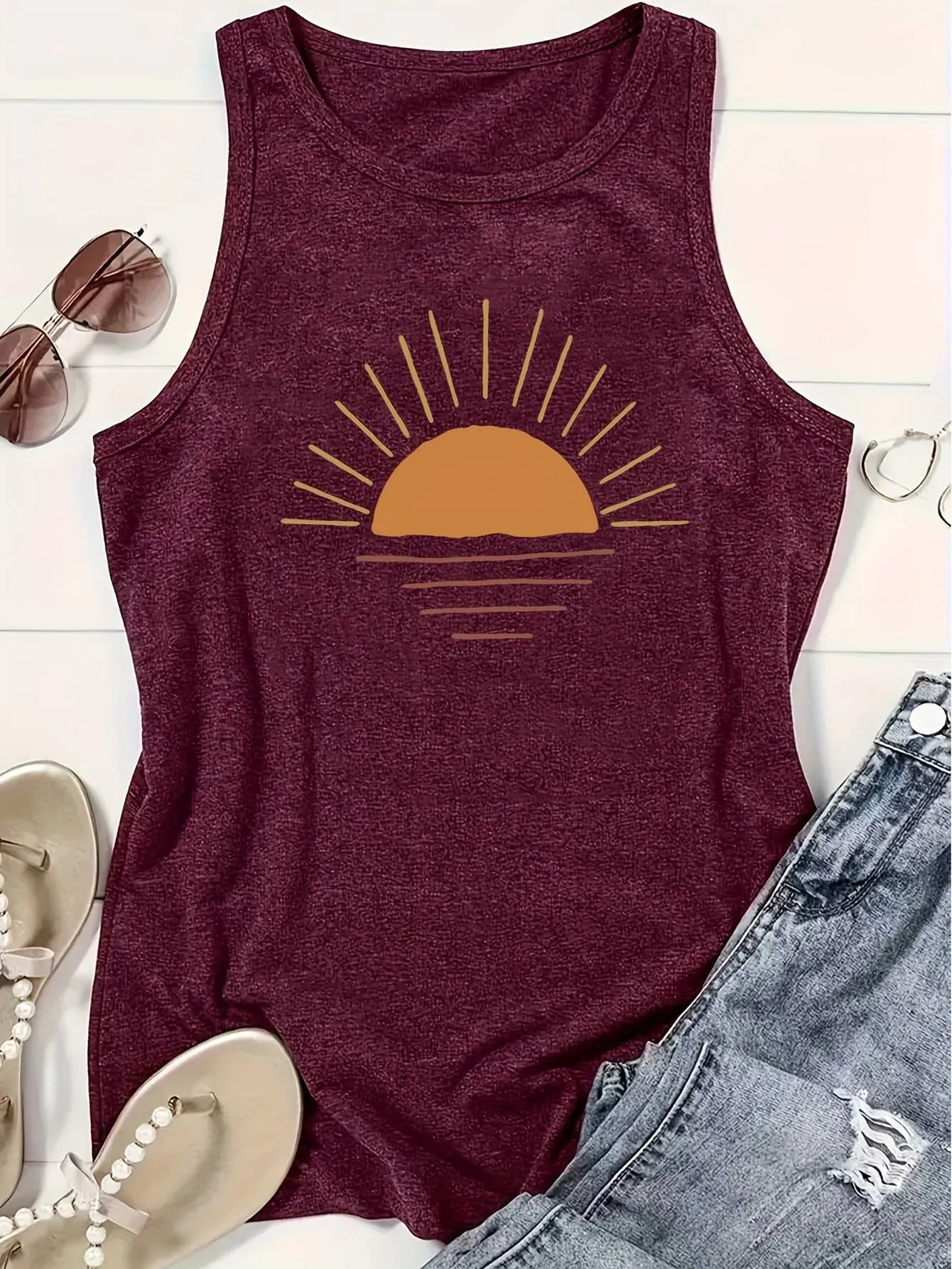 Stylish Sunset Print Crewneck Vest
