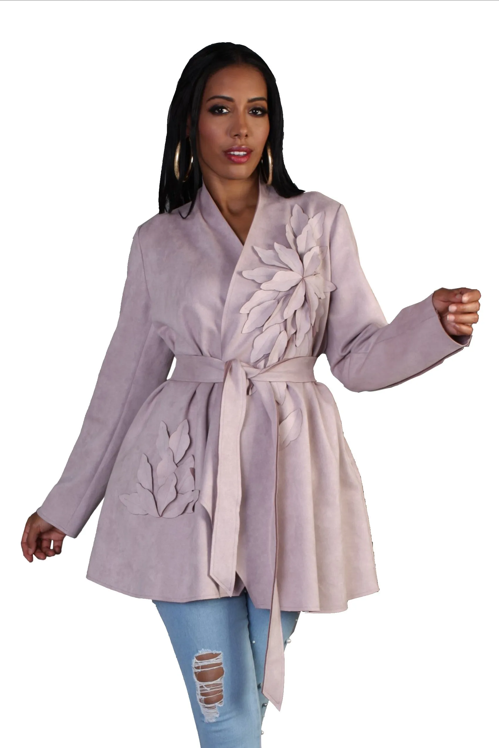 Suede Floral Embellished Belted Coat -8792
