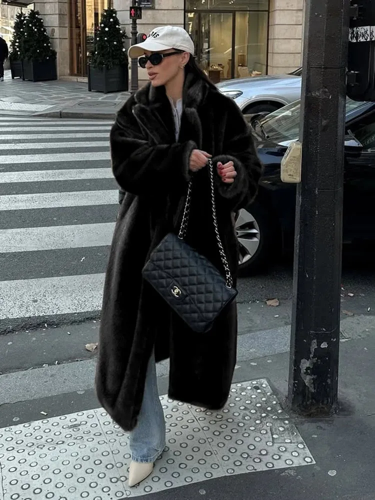 TARUXY Winter Loose Mink Velvet Imitation Fur Splicing Long Coat Fur Suit Collar Women's Coat High Street Fashion Lady Overcoat