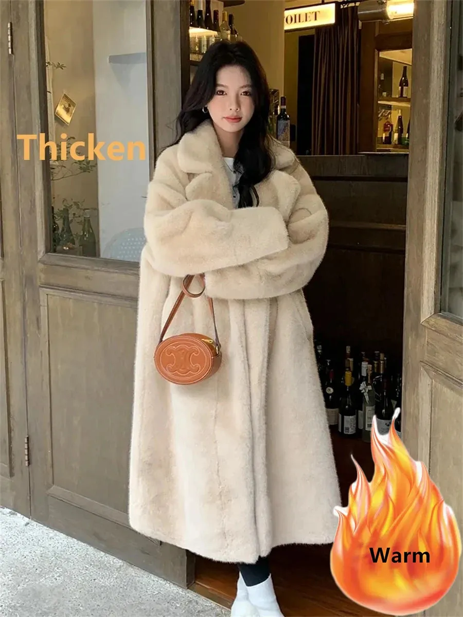 Thicken Warm Long Faux Fur Jackets Loose Warm Imitate Mink Coats Korean Winter Furry Padding Outerwear Women Luxury Overcoat