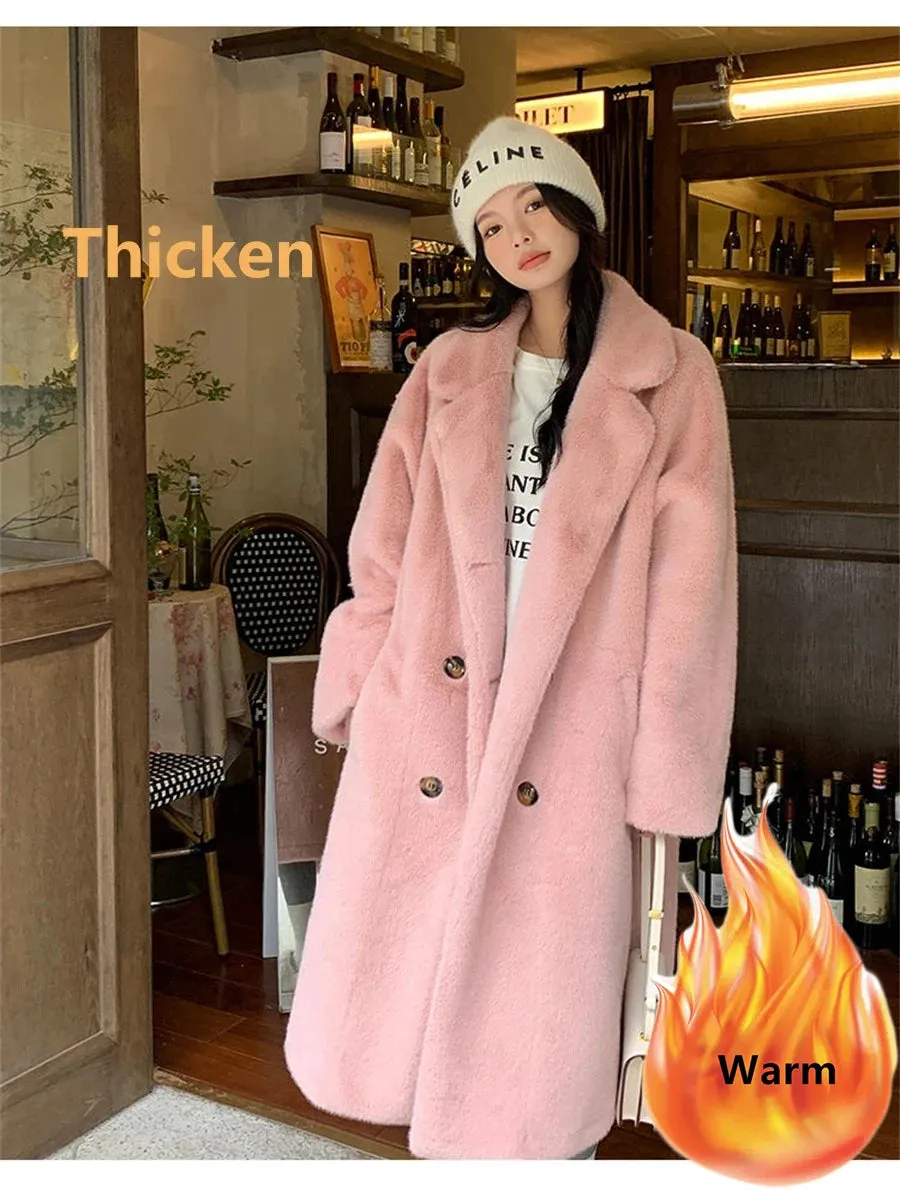 Thicken Warm Long Faux Fur Jackets Loose Warm Imitate Mink Coats Korean Winter Furry Padding Outerwear Women Luxury Overcoat