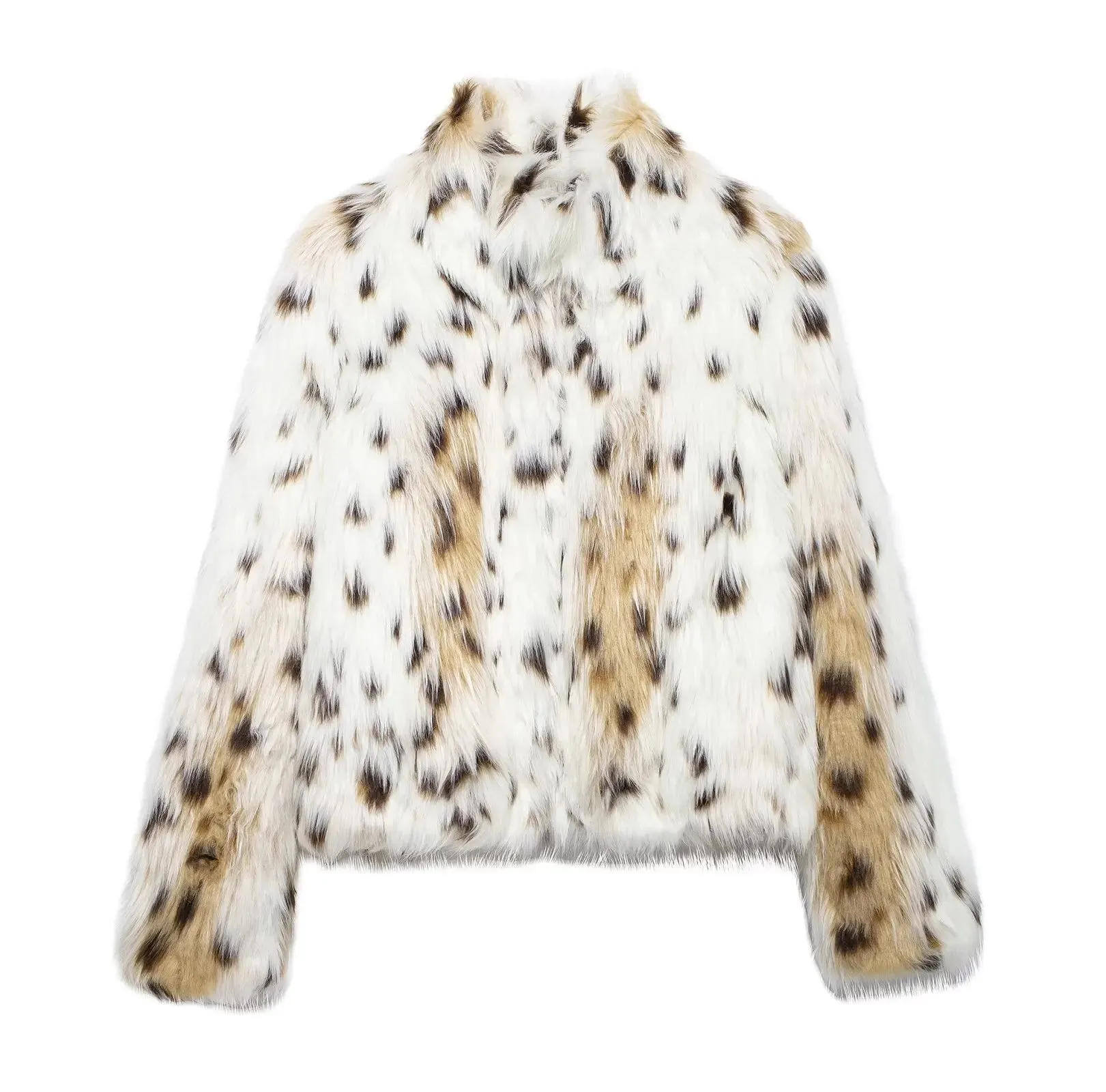 TRAFZA 2024 Women Artificial Fur Jacket Elegant Warm Loose Spotted Print Coat Long Sleeve Casual Overcoat Lady Furry Outwear