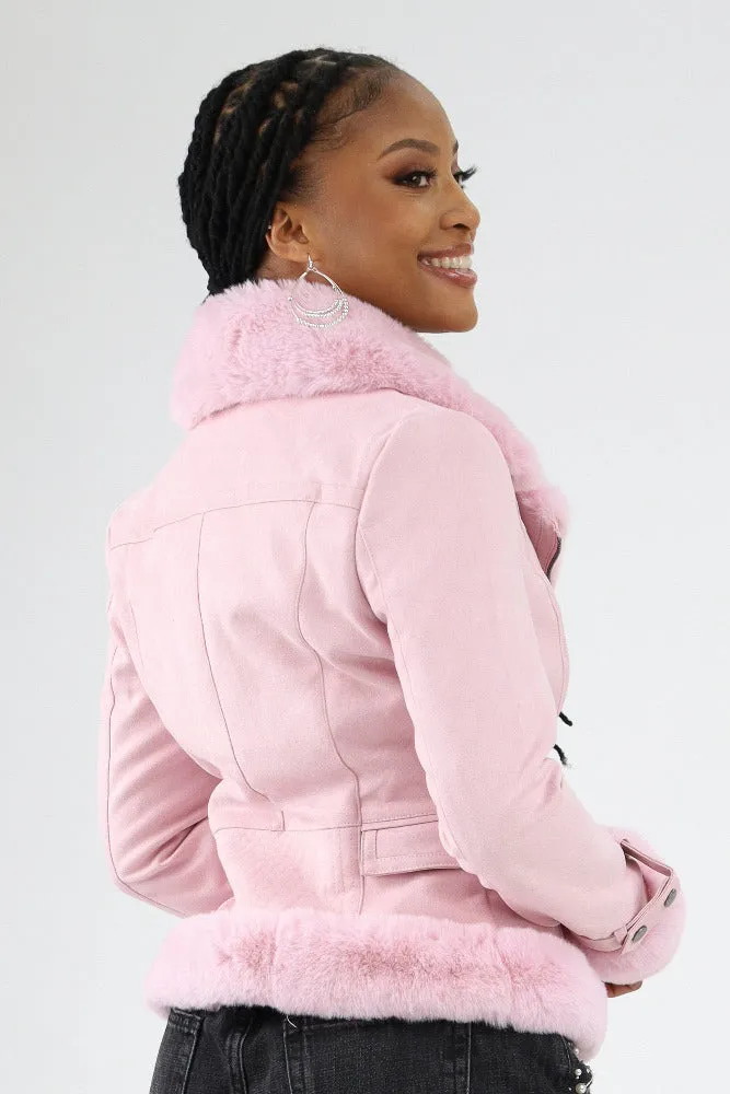 Vegan Suede Moto Jacket With Faux Fur -Pink