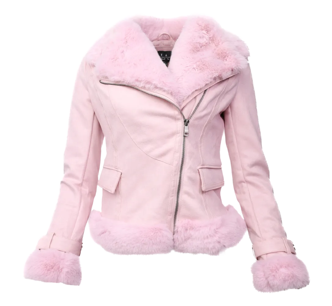 Vegan Suede Moto Jacket With Faux Fur -Pink