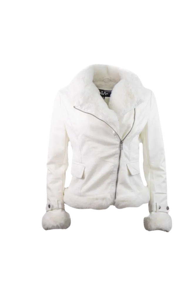 Vegan Suede Moto Jacket With Faux Fur -White