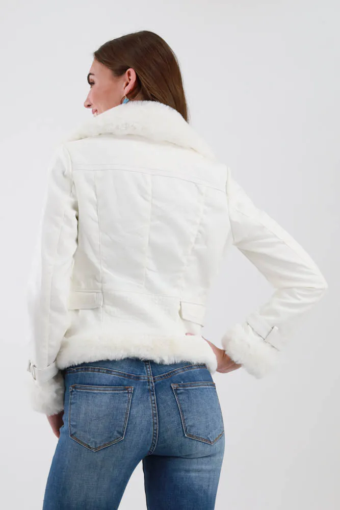 Vegan Suede Moto Jacket With Faux Fur -White