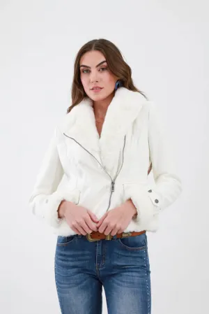 Vegan Suede Moto Jacket With Faux Fur -White