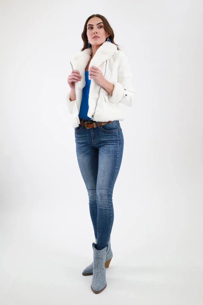 Vegan Suede Moto Jacket With Faux Fur -White