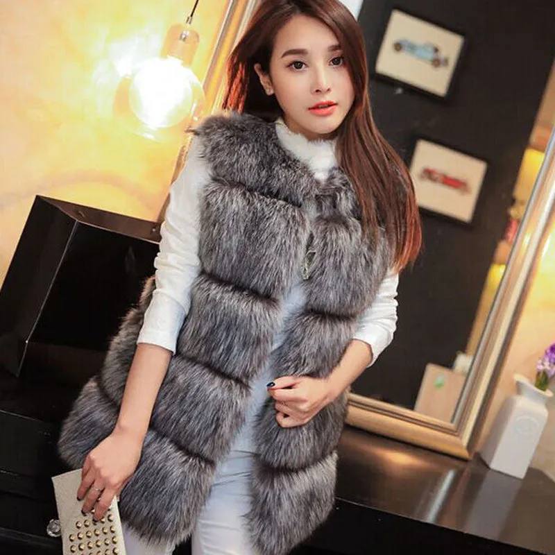 Warm Fashion Women Coat Fur Vest High-Grade Faux Fur Coat Fox Fur Long Vest Plus