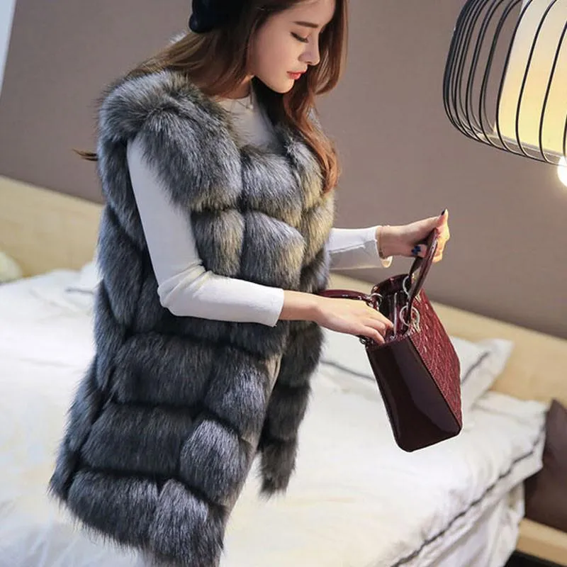 Warm Fashion Women Coat Fur Vest High-Grade Faux Fur Coat Fox Fur Long Vest Plus