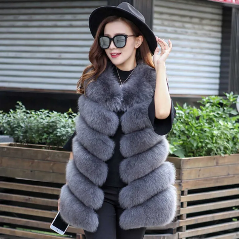 Warm Fashion Women Coat Fur Vest High-Grade Faux Fur Coat Fox Fur Long Vest Plus