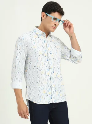 White & Blue Printed Slim Fit Casual Shirt | Greenfibre