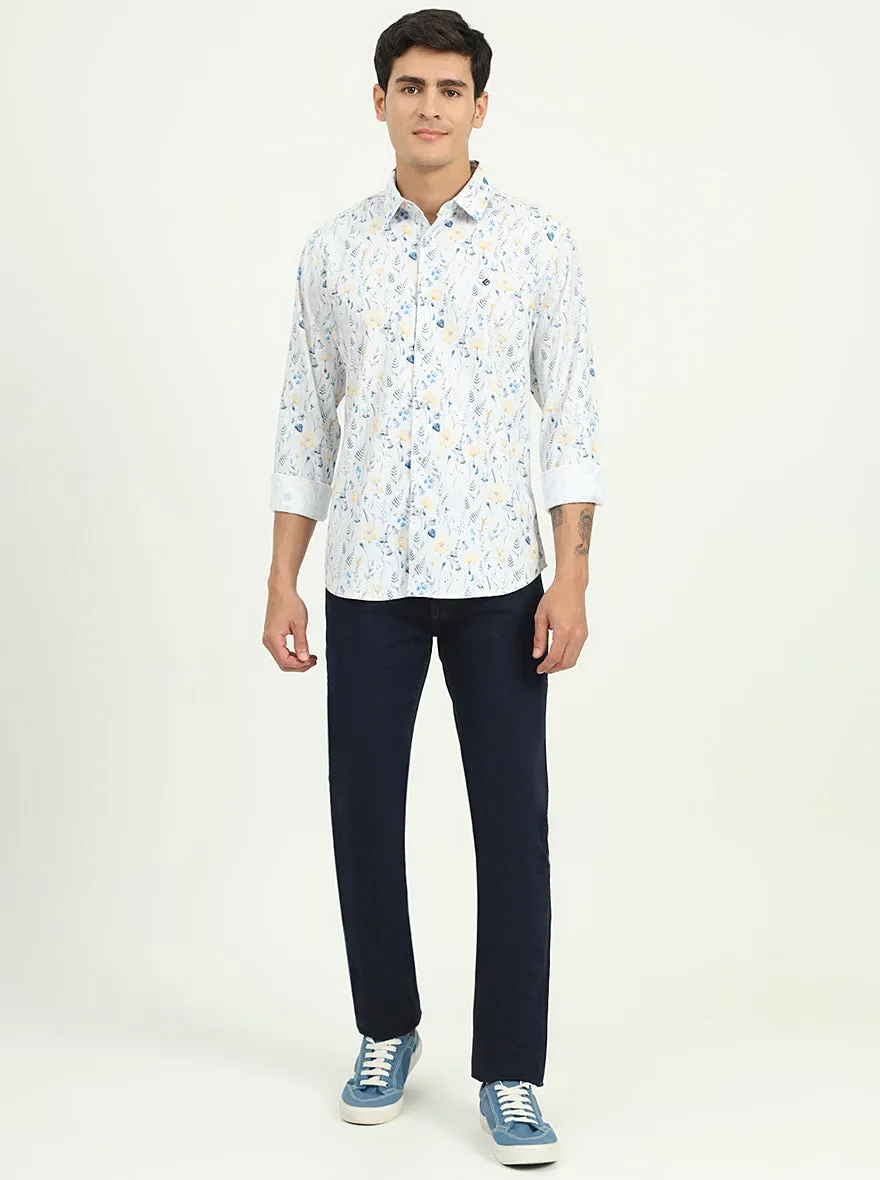 White & Blue Printed Slim Fit Casual Shirt | Greenfibre