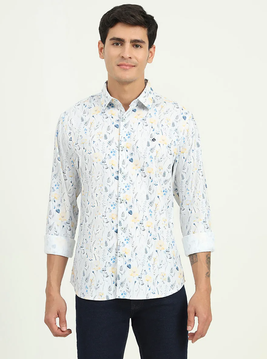 White & Blue Printed Slim Fit Casual Shirt | Greenfibre