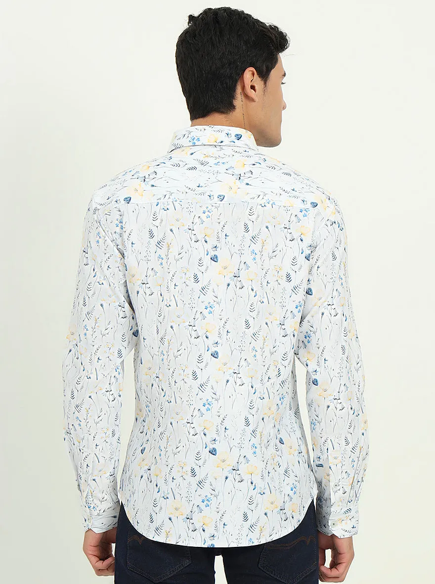 White & Blue Printed Slim Fit Casual Shirt | Greenfibre