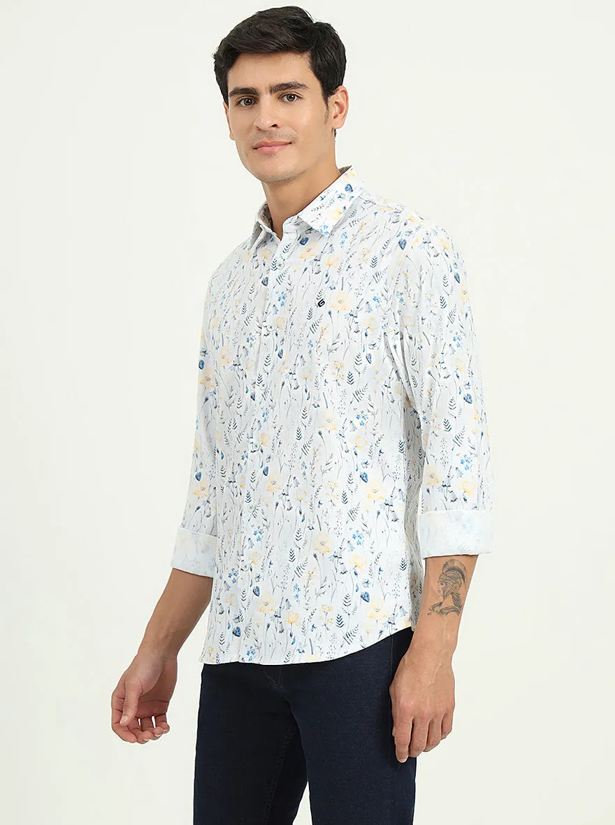 White & Blue Printed Slim Fit Casual Shirt | Greenfibre