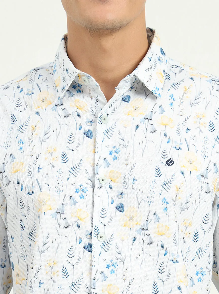 White & Blue Printed Slim Fit Casual Shirt | Greenfibre