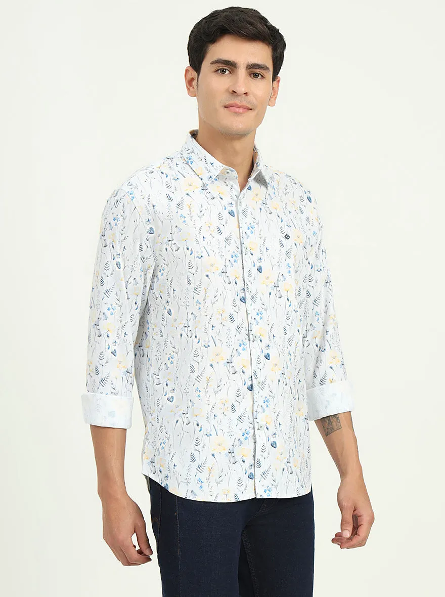 White & Blue Printed Slim Fit Casual Shirt | Greenfibre