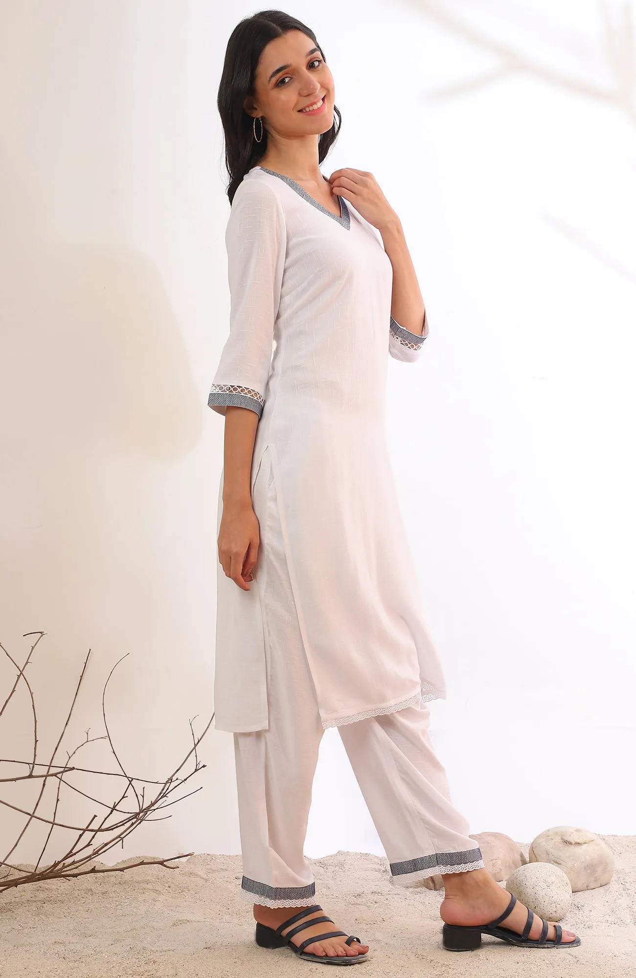 White Solid Straight Kurta with Palazzo & Dupatta Set