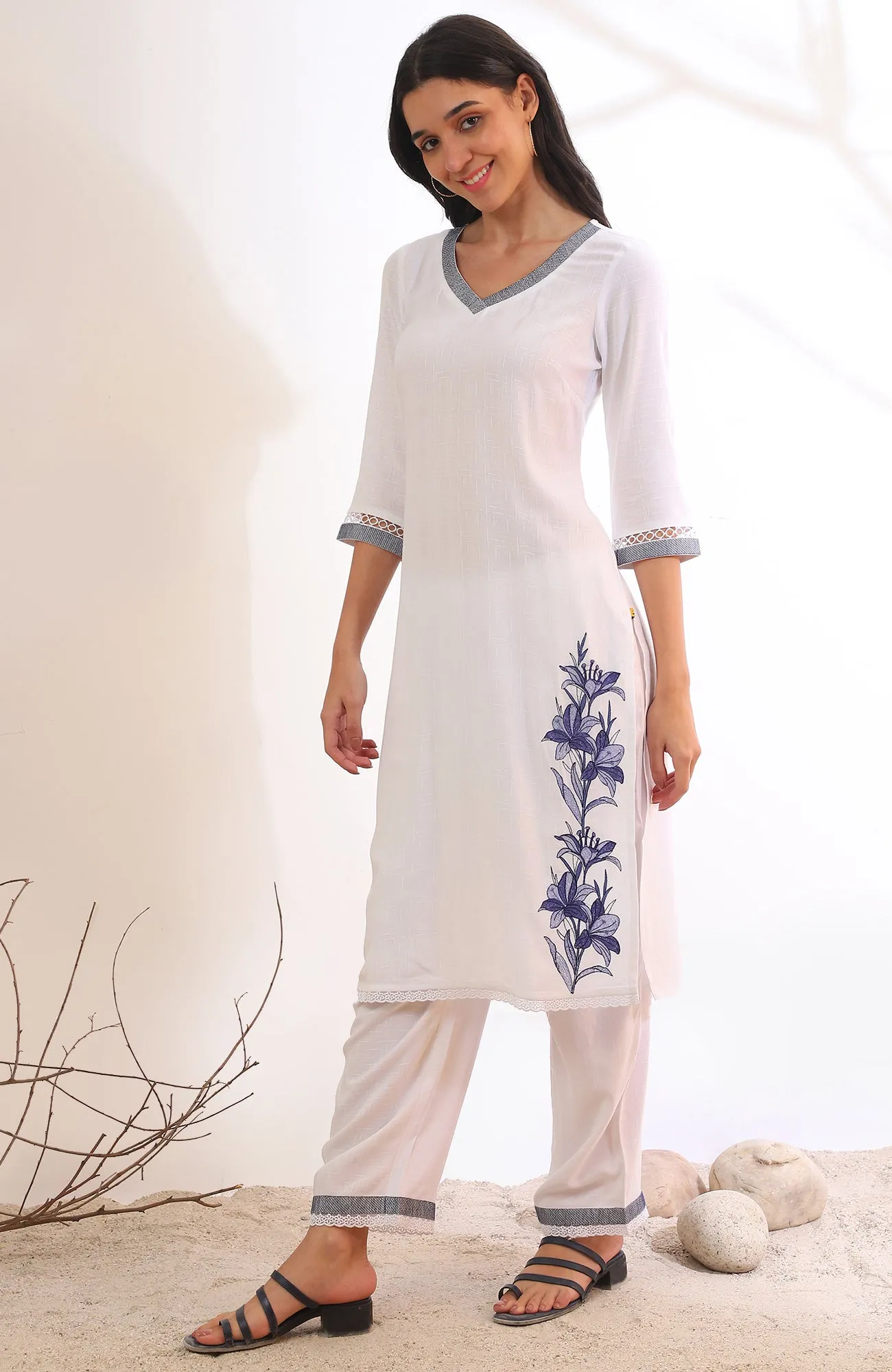 White Solid Straight Kurta with Palazzo & Dupatta Set