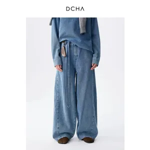 Wide-Leg Belted Denim Jeans
