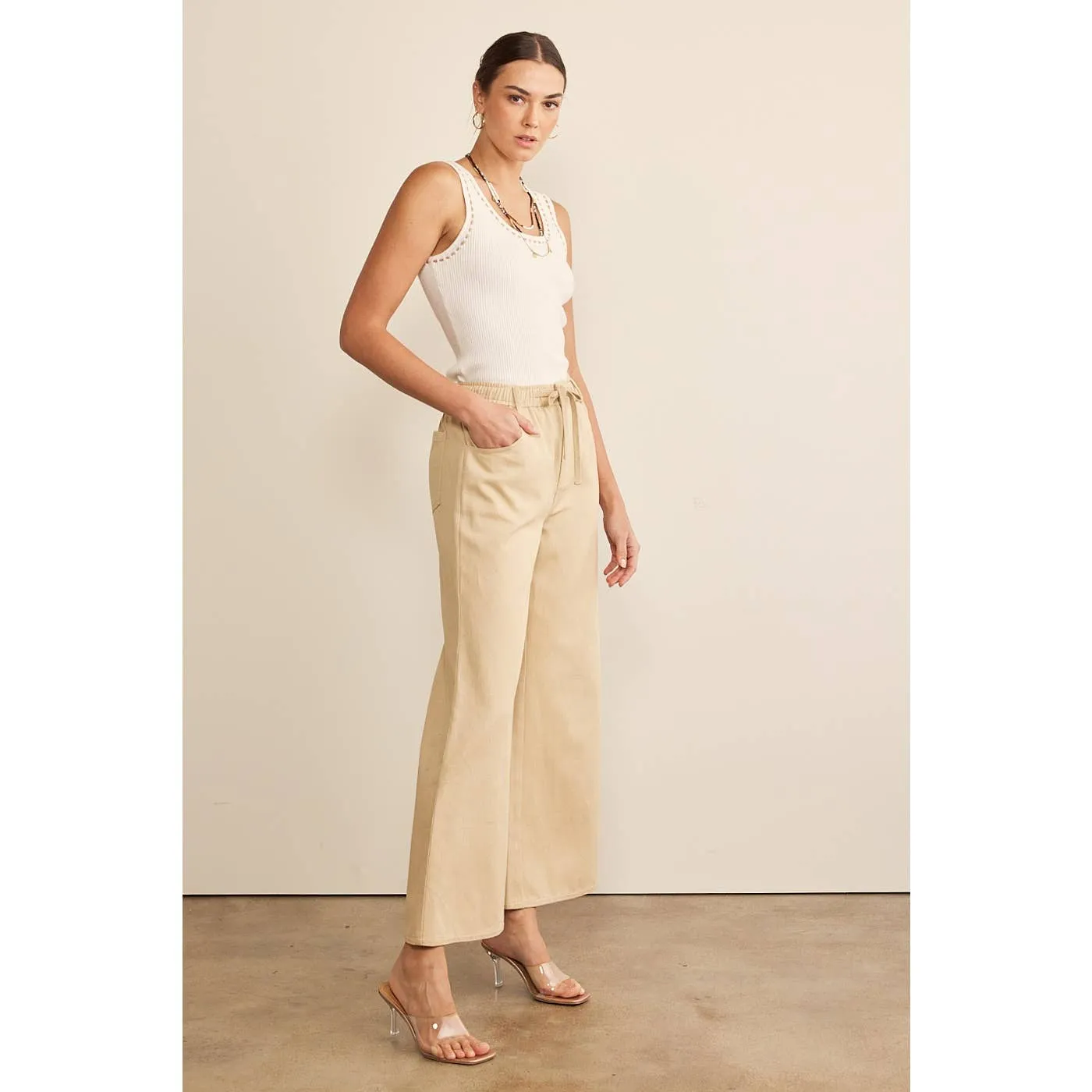 Wide Leg Pant w/ Elastic & Tie Waistband