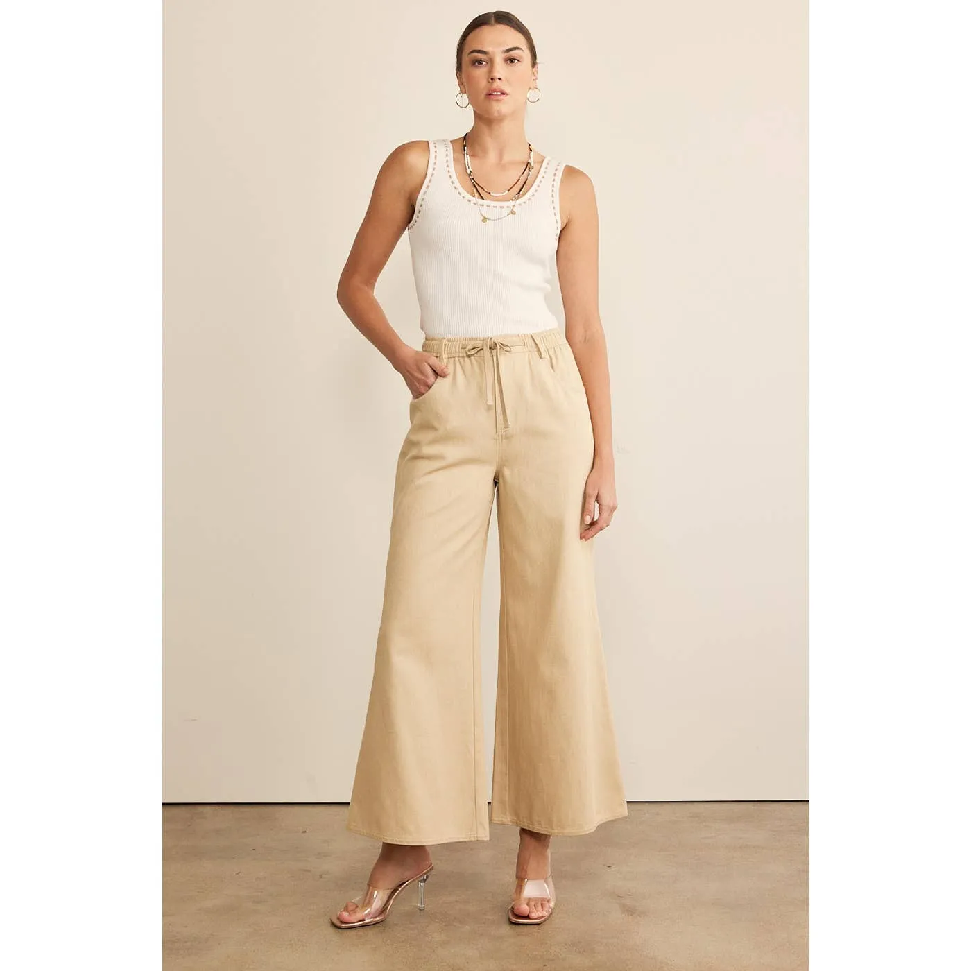 Wide Leg Pant w/ Elastic & Tie Waistband