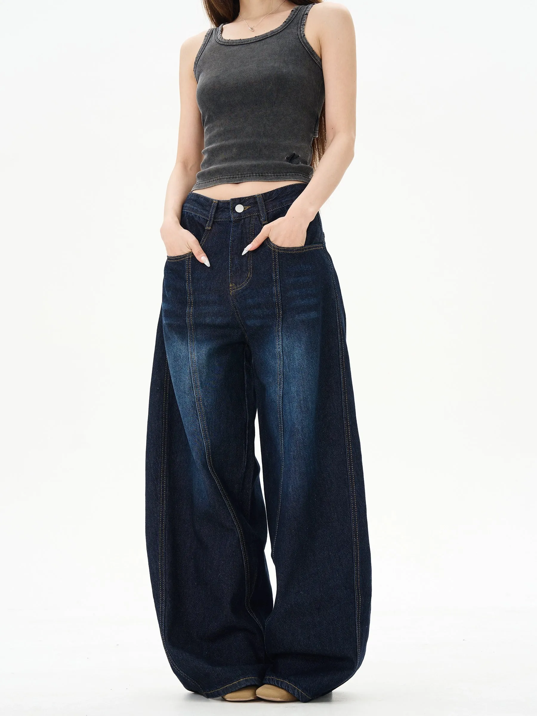 Wide-Leg Scimitar Jeans Pants