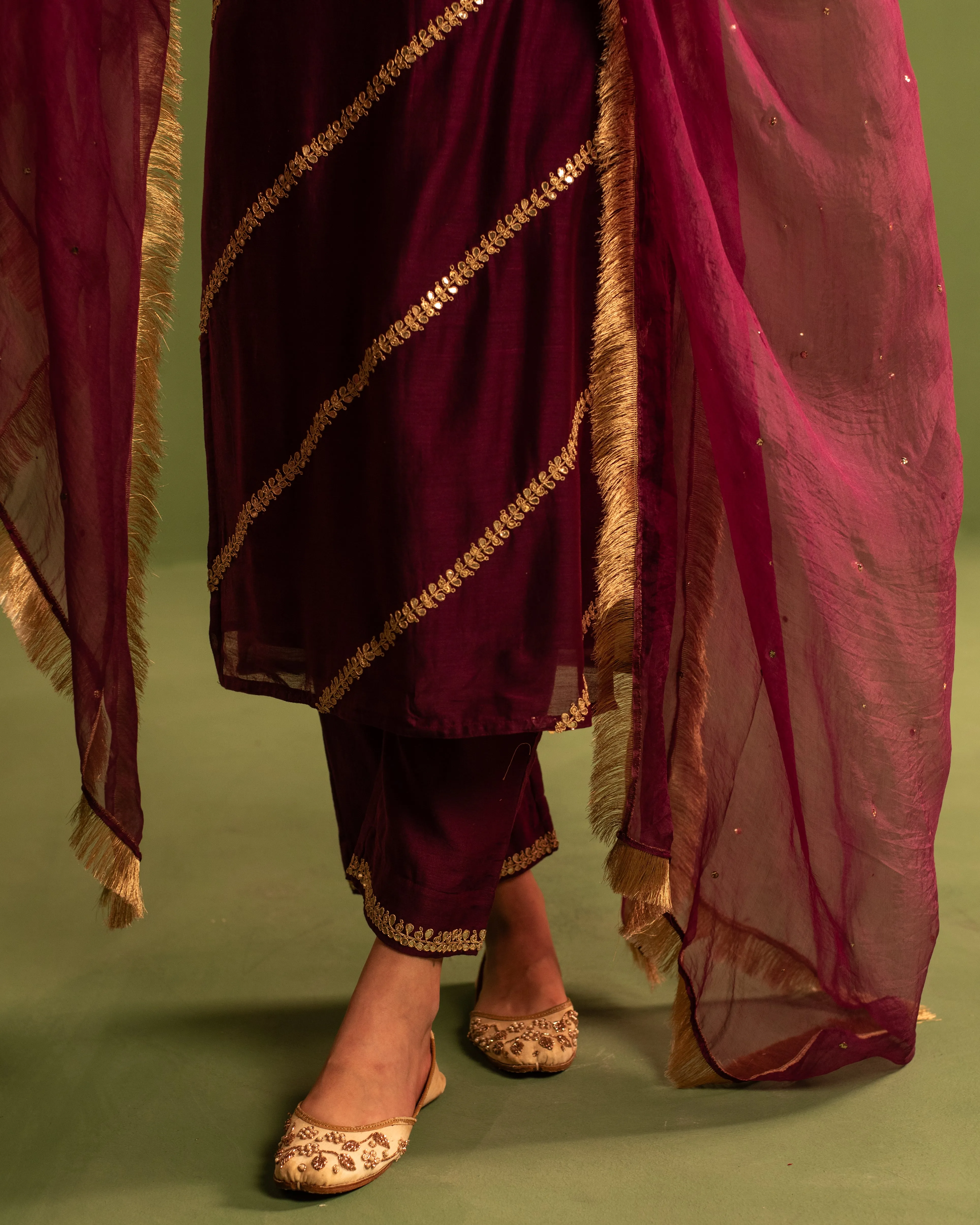 Wine Berry Marori Work Chanderi Suit Set
