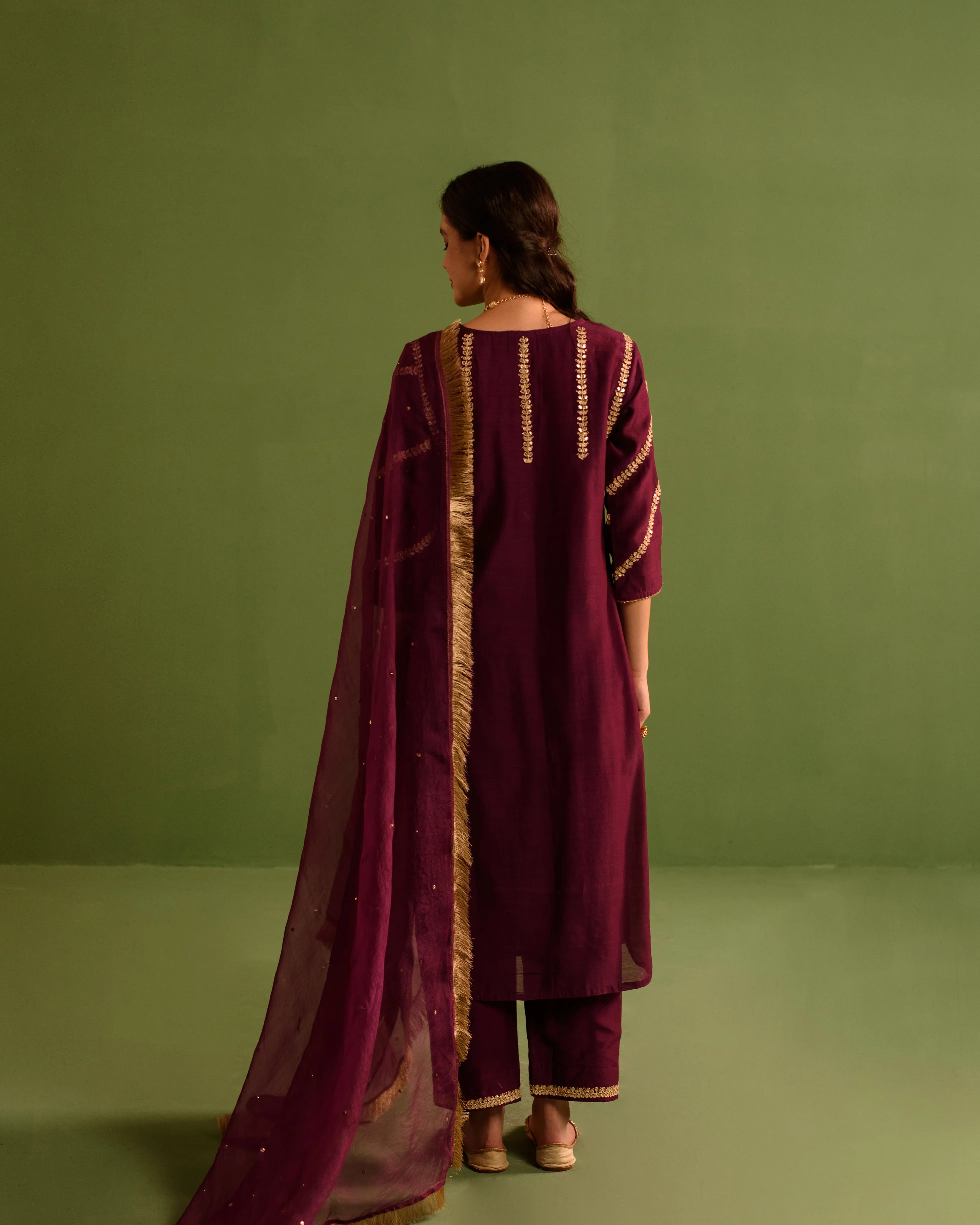 Wine Berry Marori Work Chanderi Suit Set