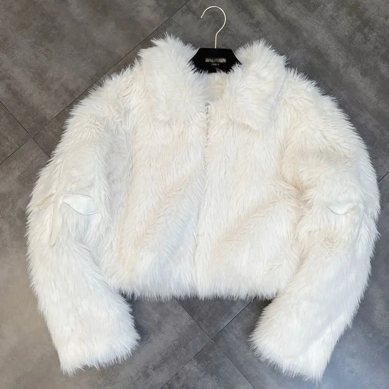 Winter Women Cotton Jacket Lapel Long Sleeve Patch Cross Short Fur Coat Black 2025 New