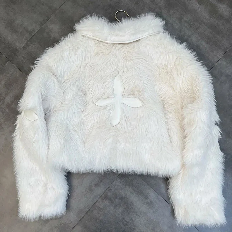 Winter Women Cotton Jacket Lapel Long Sleeve Patch Cross Short Fur Coat Black 2025 New