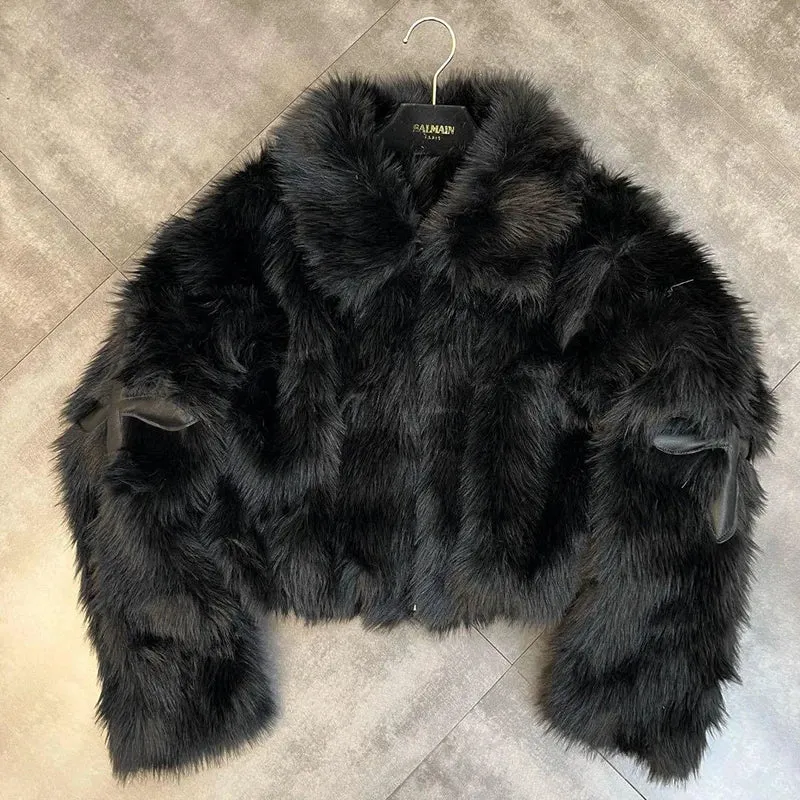 Winter Women Cotton Jacket Lapel Long Sleeve Patch Cross Short Fur Coat Black 2025 New