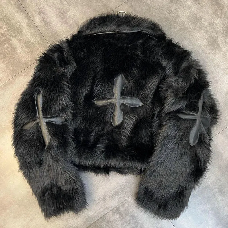 Winter Women Cotton Jacket Lapel Long Sleeve Patch Cross Short Fur Coat Black 2025 New