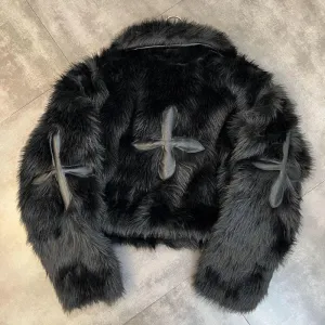 Winter Women Cotton Jacket Lapel Long Sleeve Patch Cross Short Fur Coat Black 2025 New