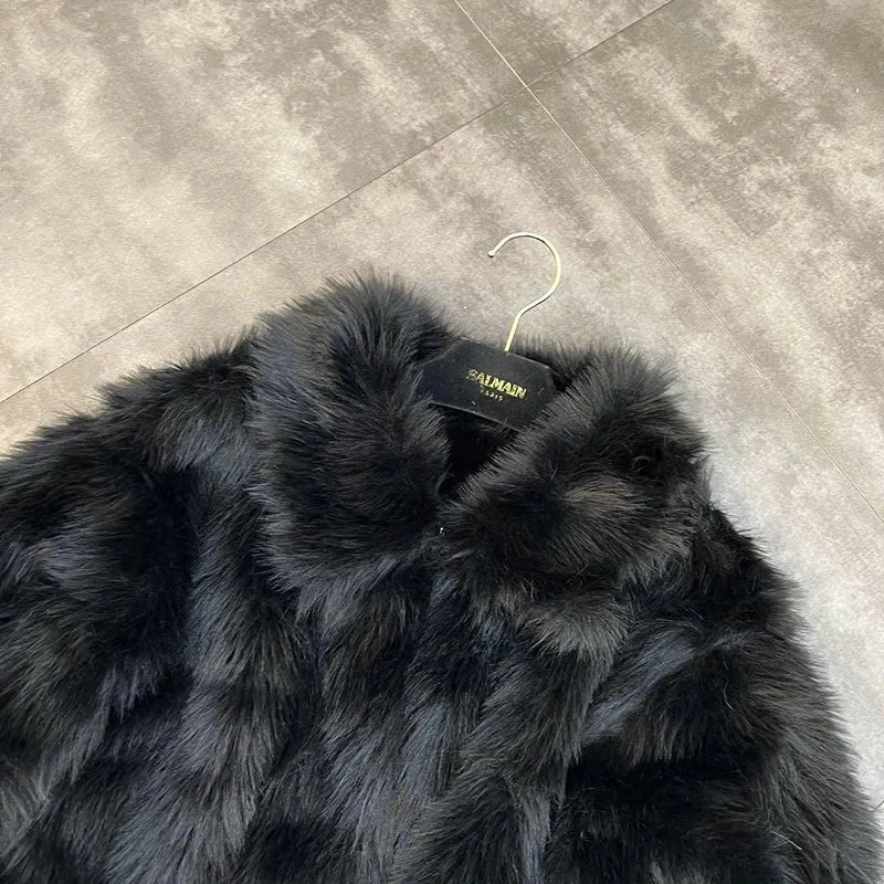 Winter Women Cotton Jacket Lapel Long Sleeve Patch Cross Short Fur Coat Black 2025 New