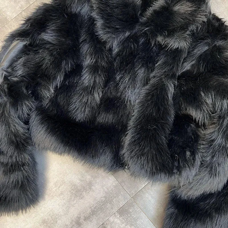 Winter Women Cotton Jacket Lapel Long Sleeve Patch Cross Short Fur Coat Black 2025 New