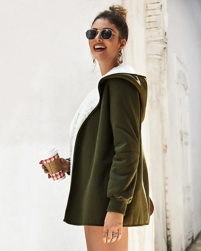 Women Double-Faced Fluffy Loose Hooded Coat