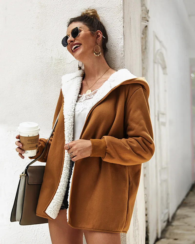 Women Double-Faced Fluffy Loose Hooded Coat