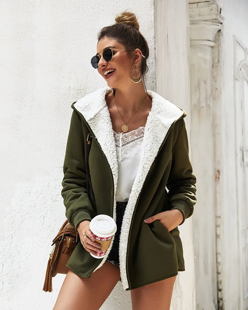 Women Double-Faced Fluffy Loose Hooded Coat